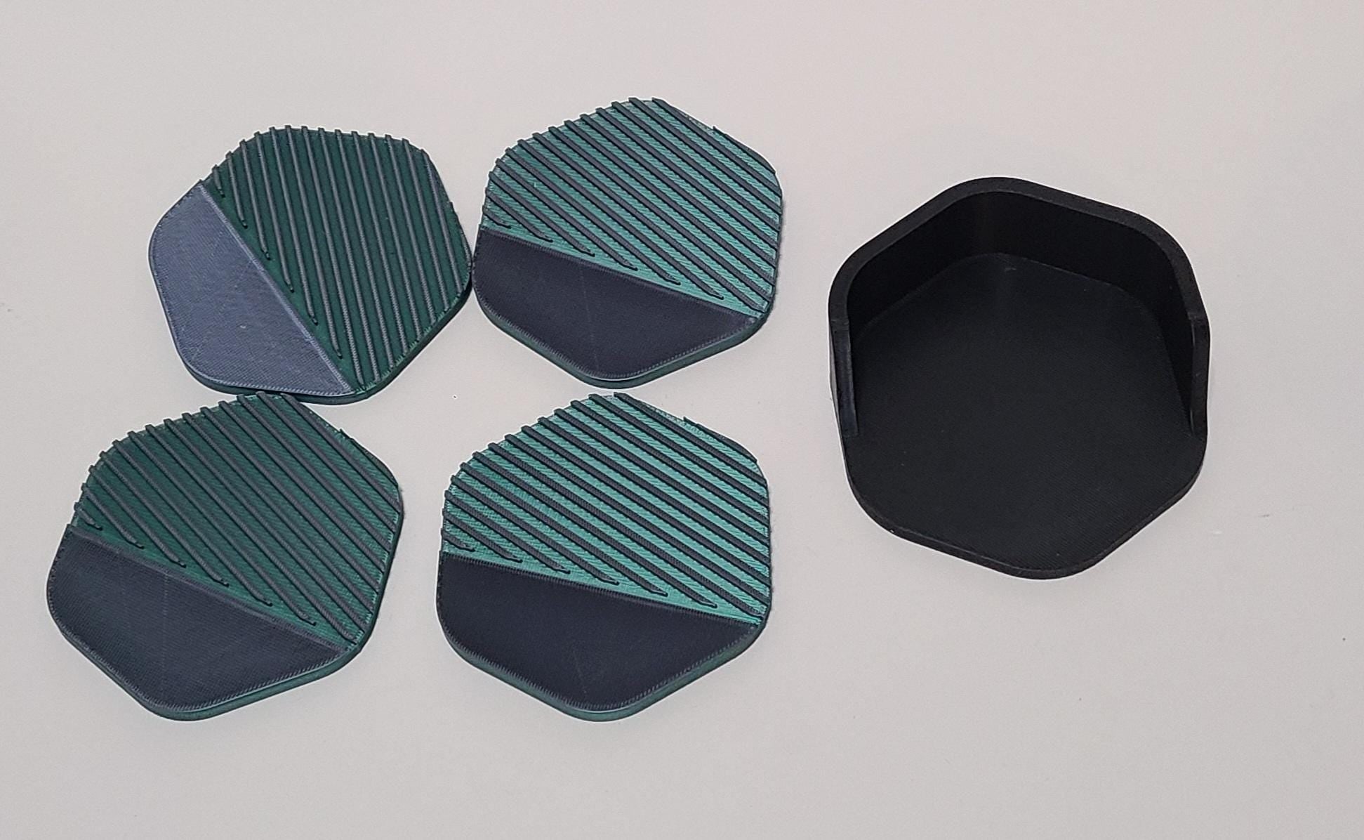 3D Printed Coaster Set with Holder – 5 Piece Drink Coasters – Modern Desk & Home Decor – Coffee Table Protection – Gift for Home or Office